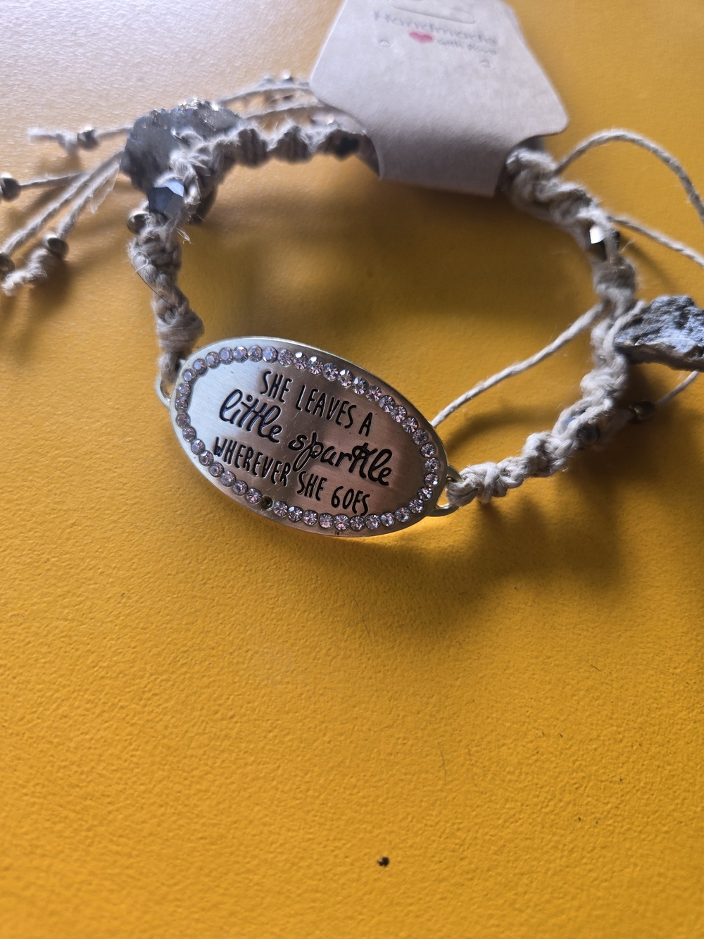 Inspirational Oval Charm Bracelet with Rhinestones - Beige Cord